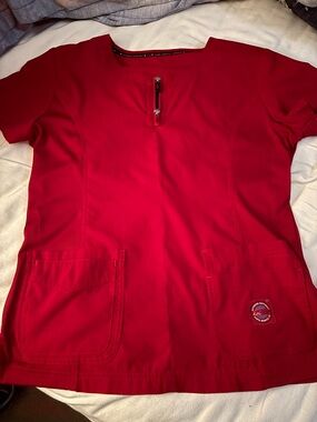 Red Medical Scrub Top with Front Zipper and Patch Pocket